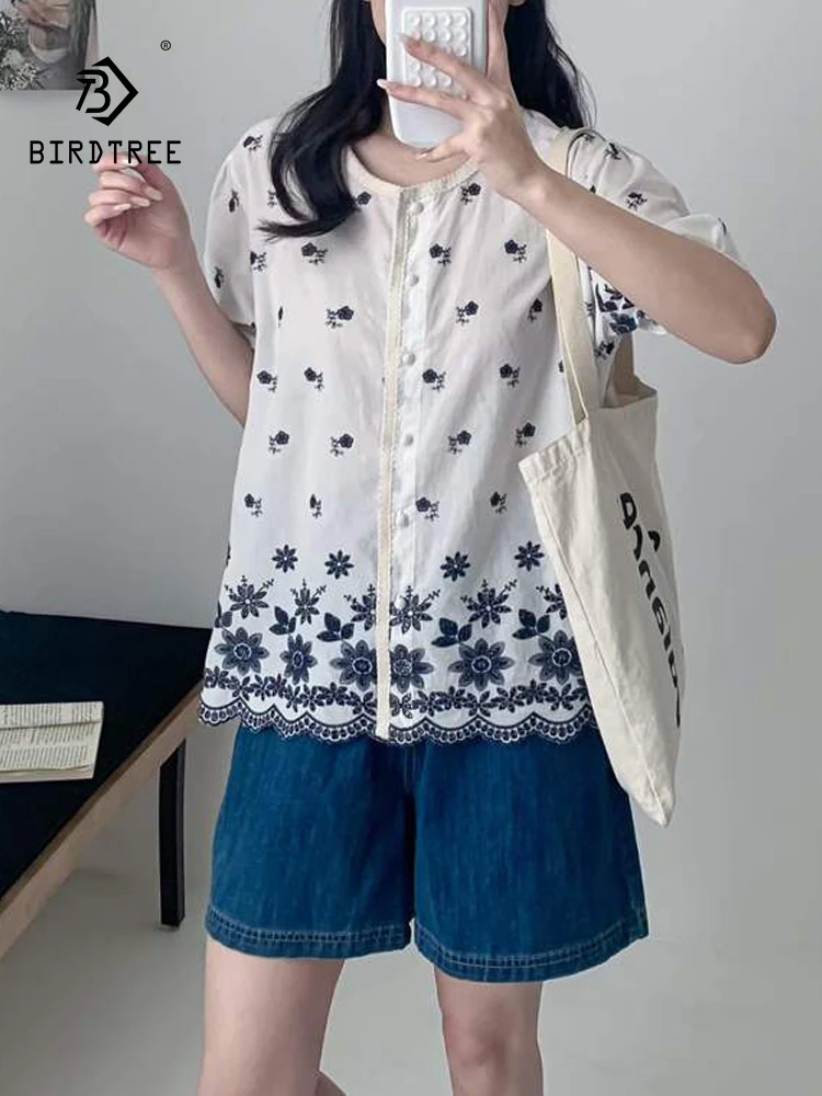 

New 2026 Summer Women Cotton Short Sleeve Shirt, Stand Floral Embroidery, Mori Girl Retro Preppy Style Loose Blouse T64352CC