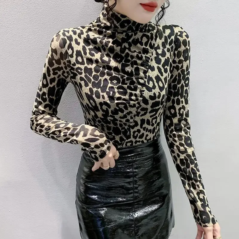 Women's Long Sleeve Polo/Turtle Neck Base Layer Top Leopard Slip Mesh Top Coat Sendai Clothing China Mainland Origin