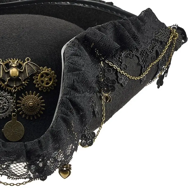 Lace Trim Bat Gear Pirate Hat Breathable Adult Roleplay Headpiece For Halloween Costume And Victorian Theme Party Props view 5