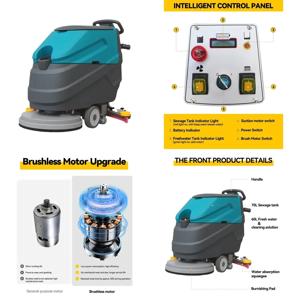 

High Quality Good Price Ce Battery Powered Floor Cleaning Machine Brushless Motor Walk Behind Scrubber Dryer for Hospital