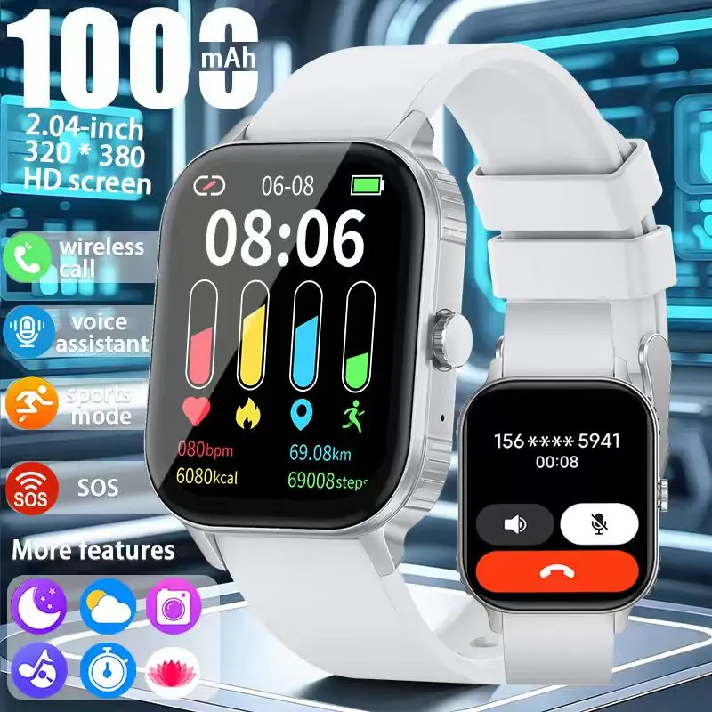 

2026 upgraded smartwatch -1000mAh long battery life, 2.04-inch large screen, wireless calling, 100+sports, neutral smartwatch