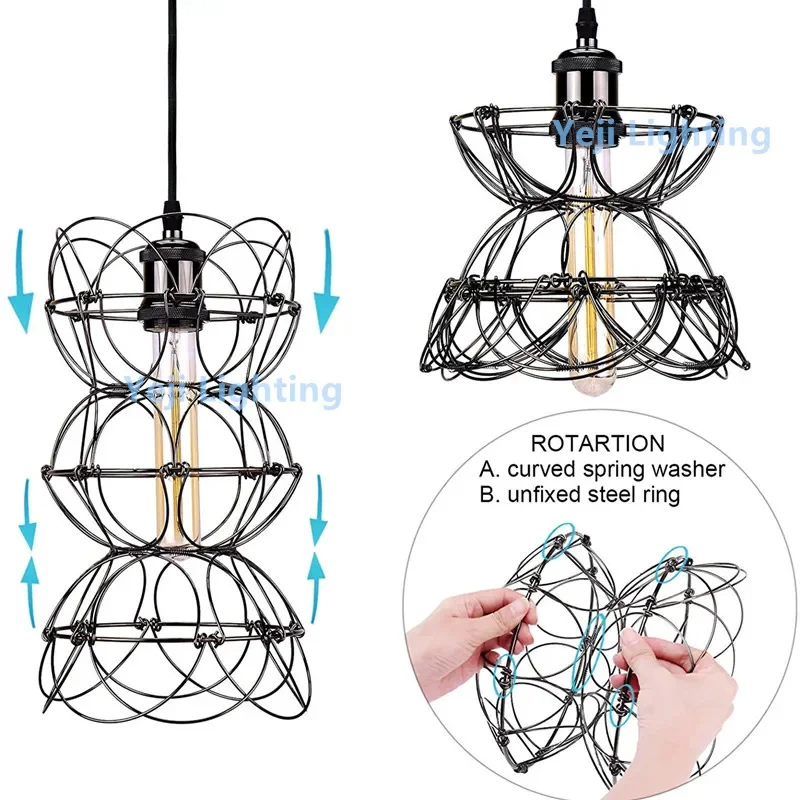 تركيبات إضاءة كروية قابلة للتشوه ، ثريا متعددة الأشكال سهلة الاستخدام ، قفص سلكي معدني ، مصباح سقف معلق لـ E27 ، مصباح داخلي