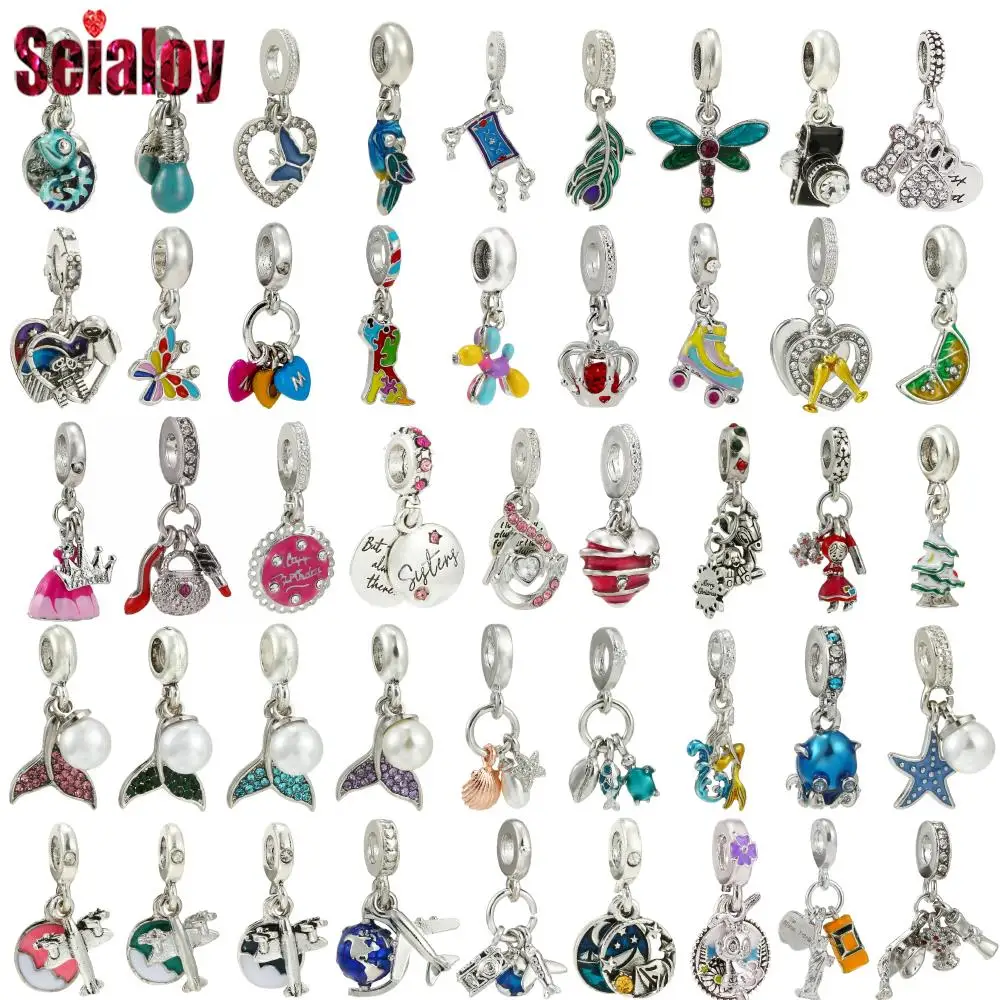 Seialoy 2Pcs Silver Color Alloy Feather And Fish Tail Pendant Aircraft And Earth\'s Oceans Charm Fits DIY Bracelets Accessory