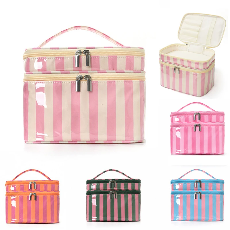 Double‑Layer Striped Makeup Bag Large‑Capacity Waterproof Travel Cosmetic Organizer Portable Toiletry Storage Pouch for Women