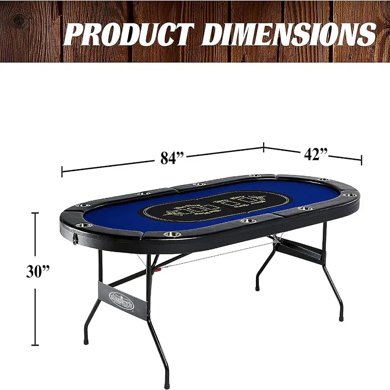 10 Player Classic Poker Table with Padded Rails and Cup Holders, Black/Blue, 84 Inches