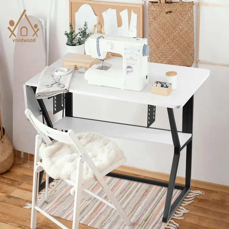 Sewing Table Large Sewing Machine Table with Adjustable Platform and Storage Shelf White