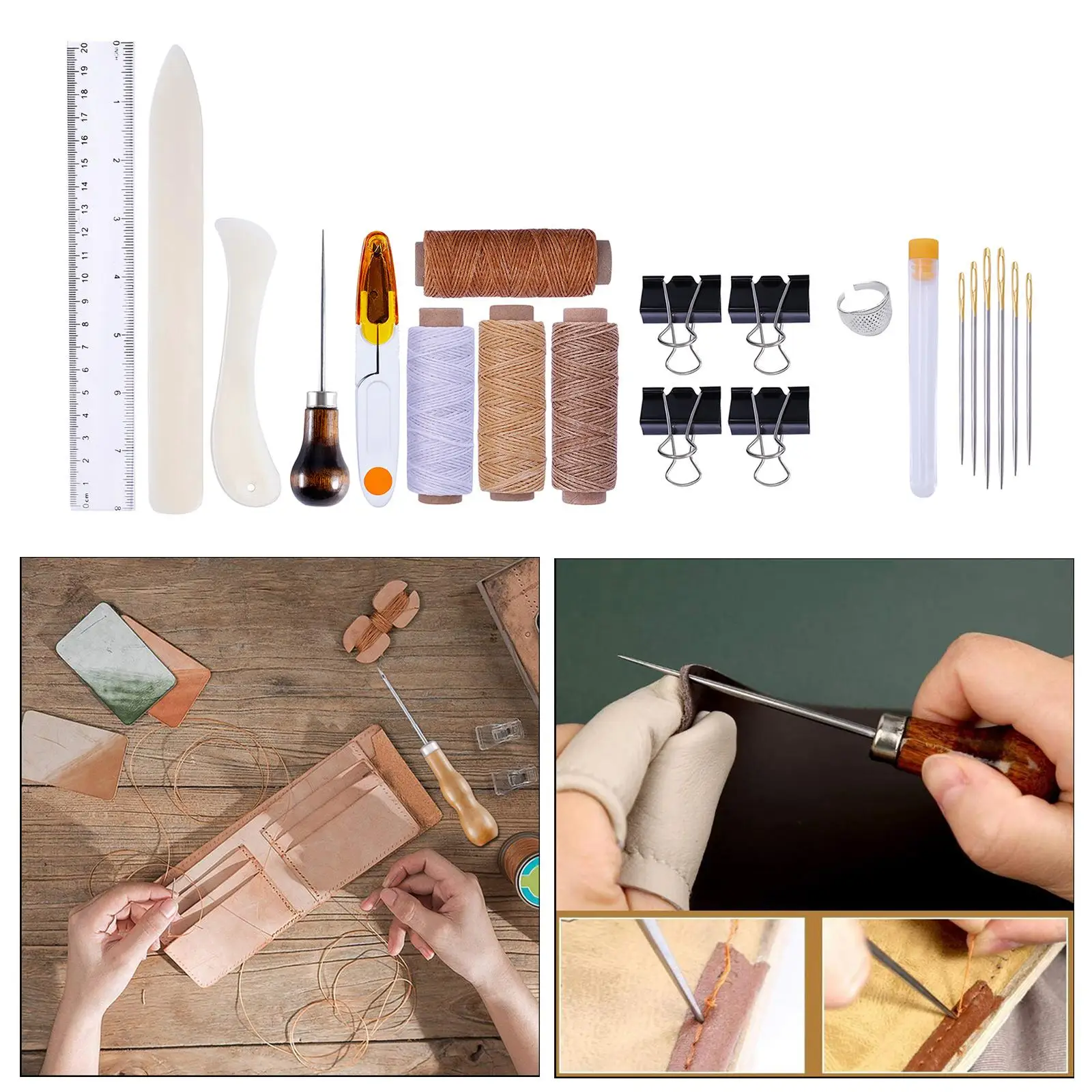 Multi Color Leather Repair Tool Set Sewing Awl Wood Handle Bone Folder Scissor Thimble Waxed Thread for Sofa Fixing