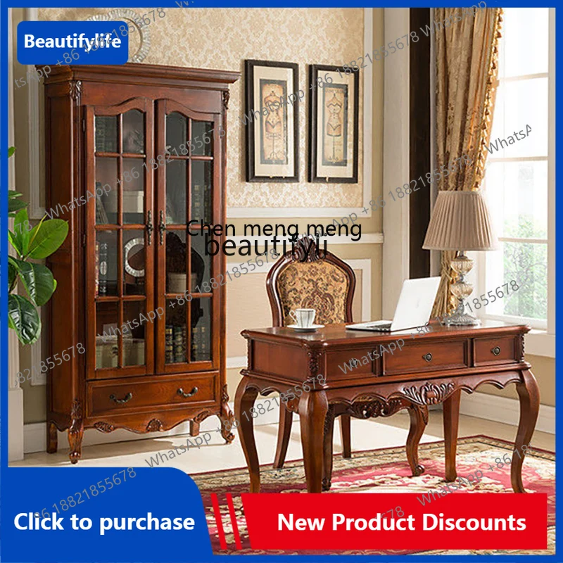 C85 American-Style Solid Wood Bookcase Multi-Layer Bookcase Floor Standing Storage Cabinet European-Style Two-Door Display Cabin