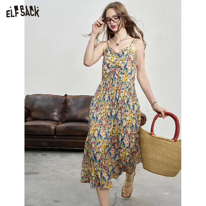 

2024 Summer ELFSACK New Arrivals Retro floral camisole dress for women Temperament vacation style dress