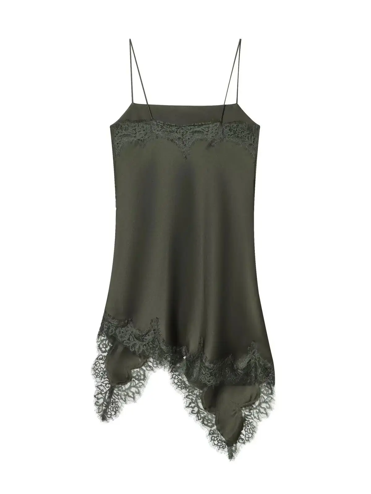 2026 Abito da donna europeo elegante verde scuro in raso di seta con canotta in pizzo e fionda Abito da sera vintage senza maniche da donna