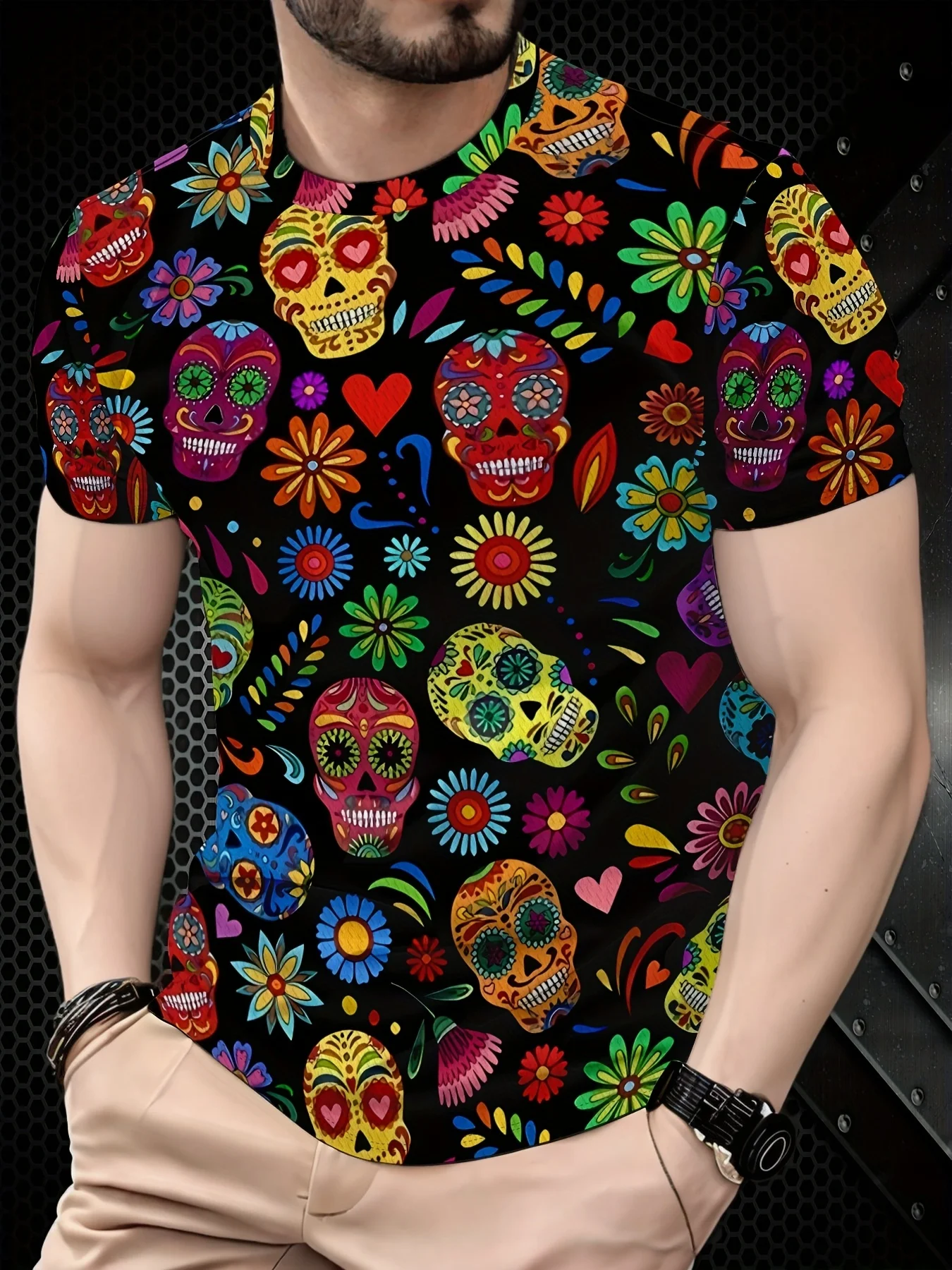 Men Crew Neck T-Shirt, All Over Printed Colorful Sugar Skulls Flowers for Day of The Dead Mexican Celebration