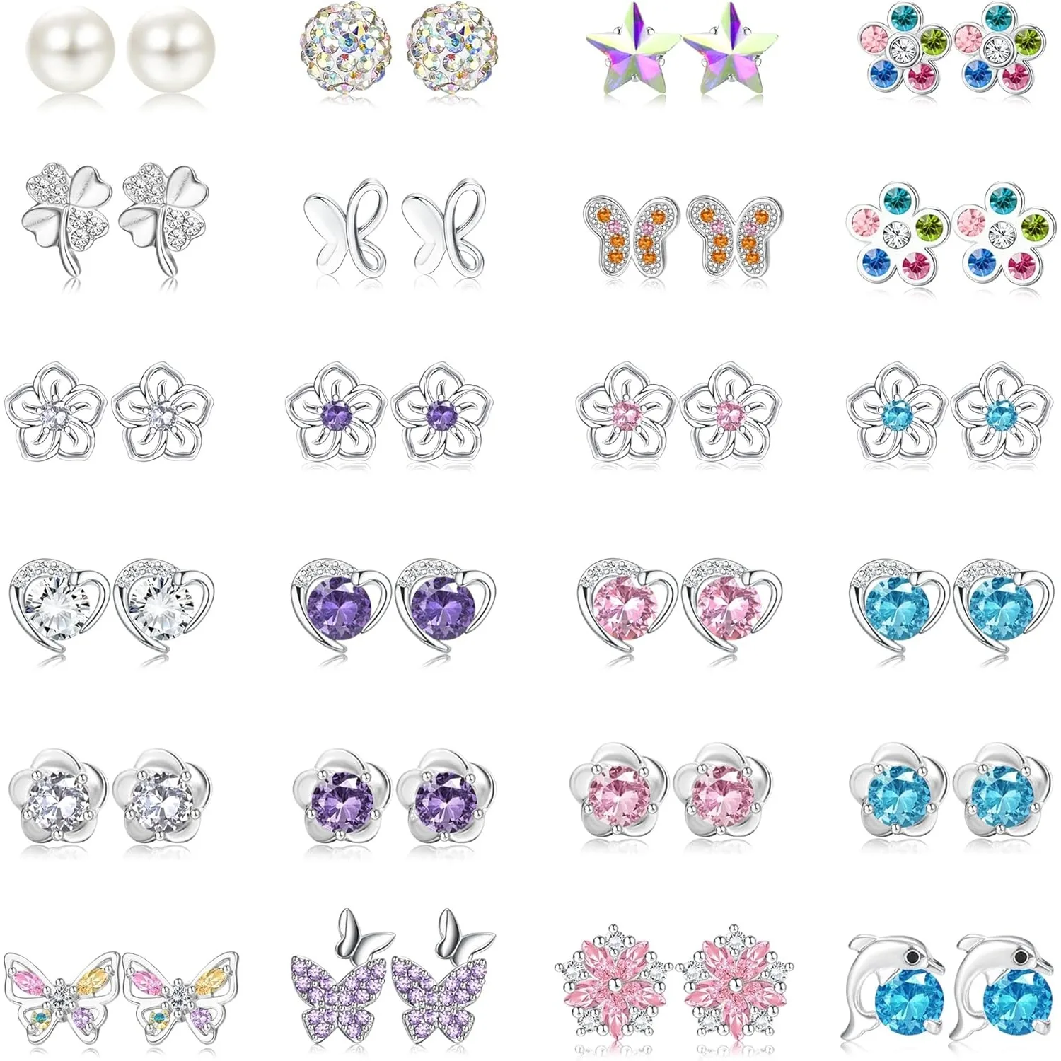 

Drperfect 24Pairs Silver Needle Stud Earrings Set for Women Cubic Zirconia Earring Pearl Heart CZ Flower Butterfly Jewelry Gift