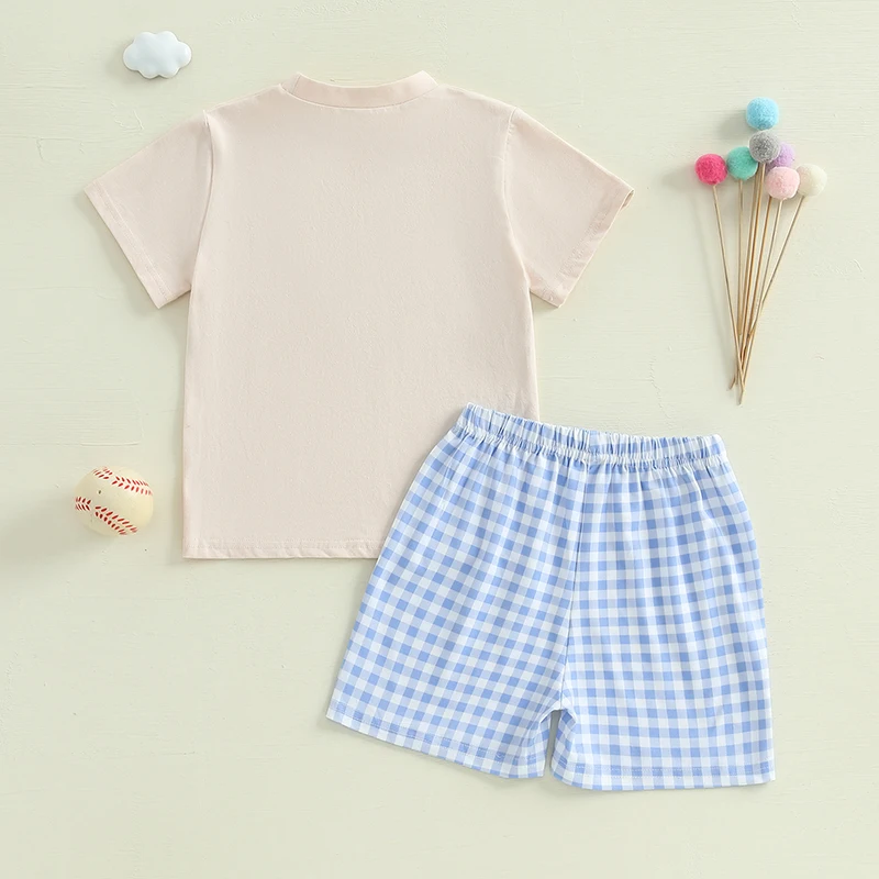 Children s Summer Ensemble Embroidered Short Sleeve Baseball Tee with Plaid Shorts Set for a Stylish Look