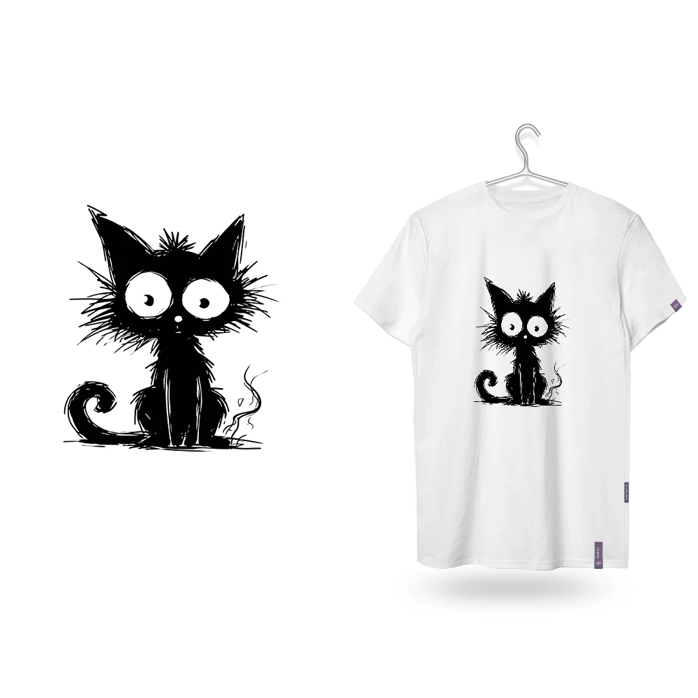 The Black Cartoon Cat Is Very Hairy Dtf Transfers Ready to Press Iron on Patches for Clothes Patch Shirts Transfer DIY Apparel