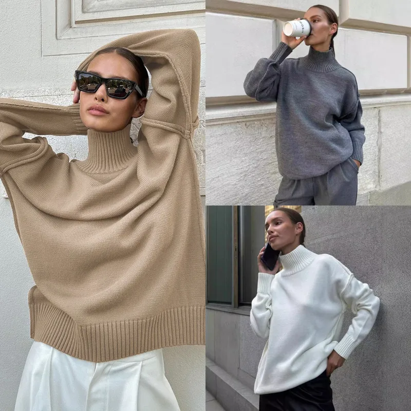 

Fashionable Collaged High-Neck Sweater Chic Thick Knitted Pullover Sweater Autumn Winter New Casual Loose Women Warmth Clothing