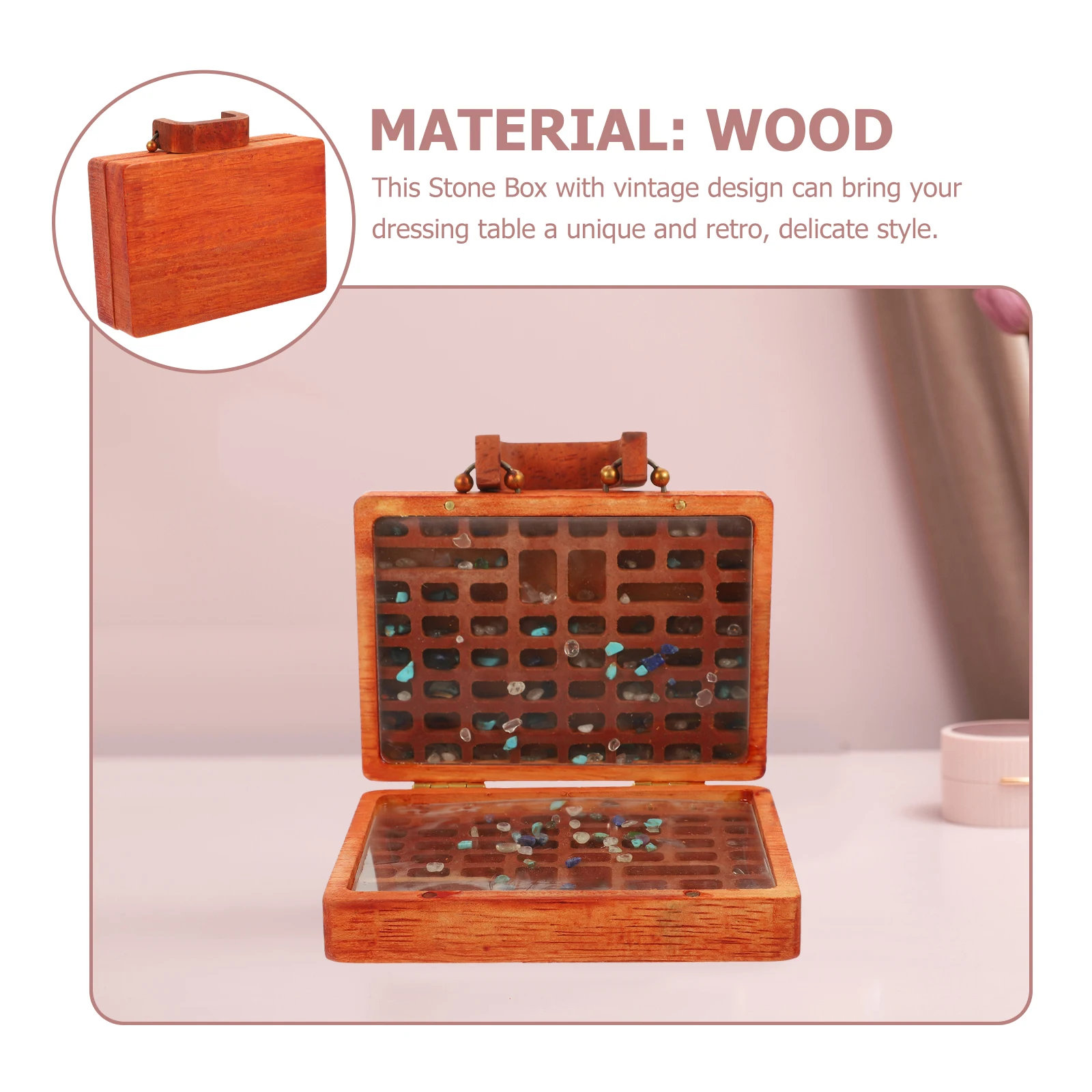 

Stone Storage Box Retro Case Display for Collections Crystal Organizer Accessories Wood Rock