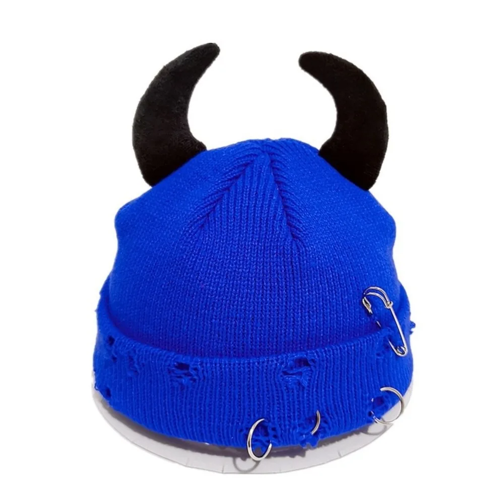 Punk Yarn Devil Horns Hat Solid Color Adjustable Winter Pullover Cap Distressed Hip Hop Knitted Beanie Female/Male