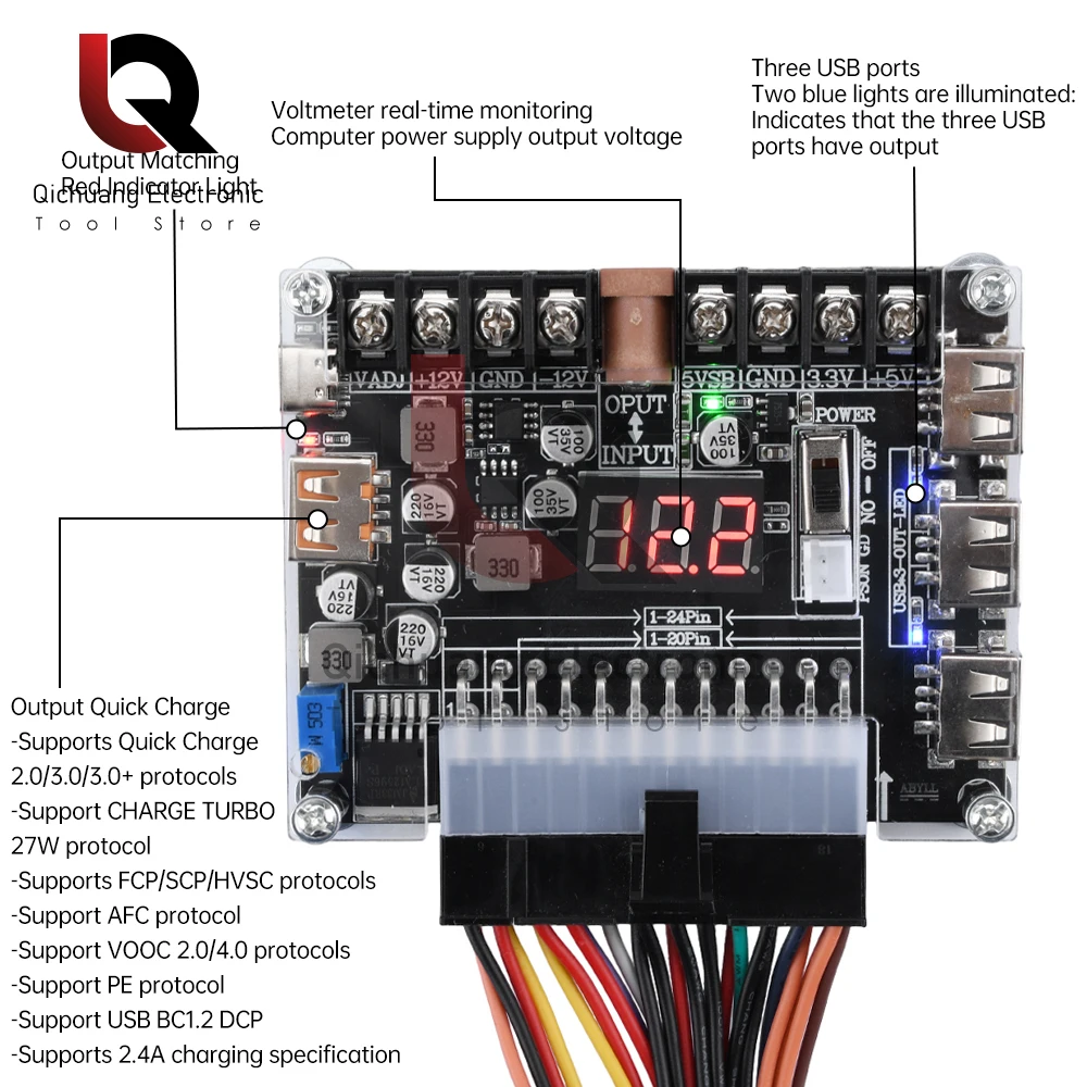 20/24Pin ATX zasilacz breakout Board Regulowane napięcie z cyfrowym wyświetlaczem Akrylowe etui zestaw moduł adaptera Złącze zasilania