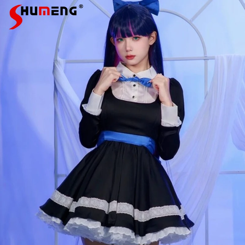 

Subculture Dark Black Style Elegant Chic Cosplay Stocking Black Dress Party Clothes Japanese Lolita Long-sleeves Short Dresses