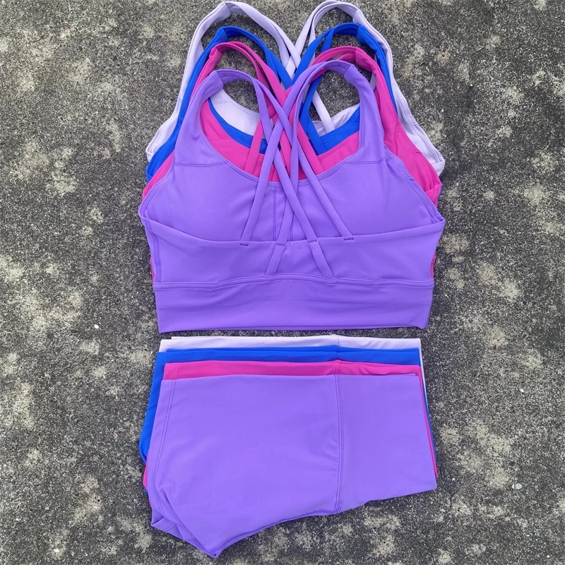 Solid Color Gym Bike Yoga Set Short Legging +Cross Back Sport Bra Tracksuit Athletic Women Gym Suit Comprehensive Training Jog - Image 2
