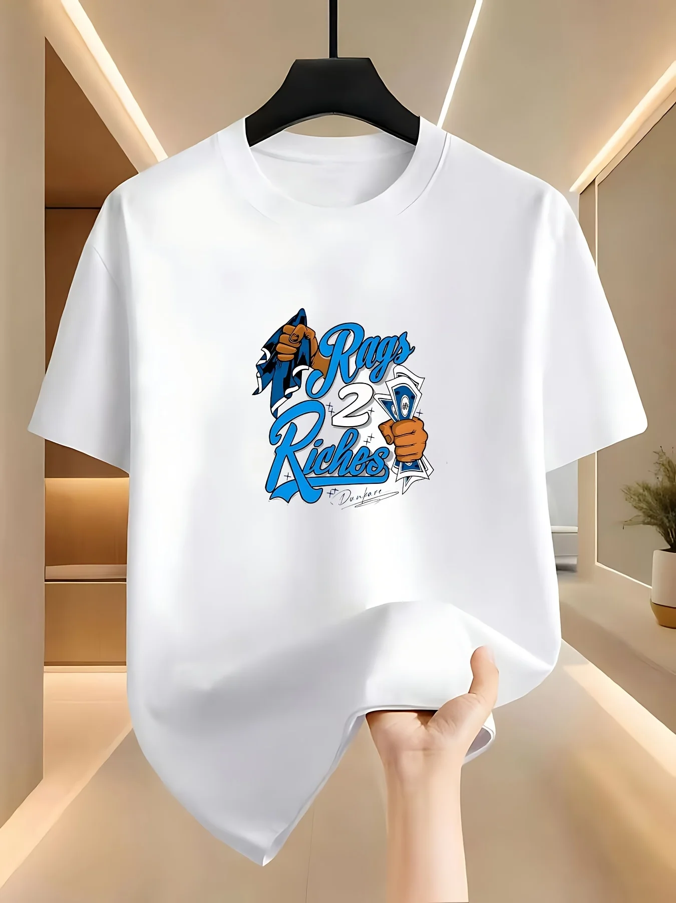 Men'S And Women'S Identical White Self-Made US Dollar Fist-Printed T-Shirt, Breathable Round-Neck Short-Sleeved, Hip-Hop Streetwear Style Top, Inspirational Gift for Daily Wear for Both Men And Women