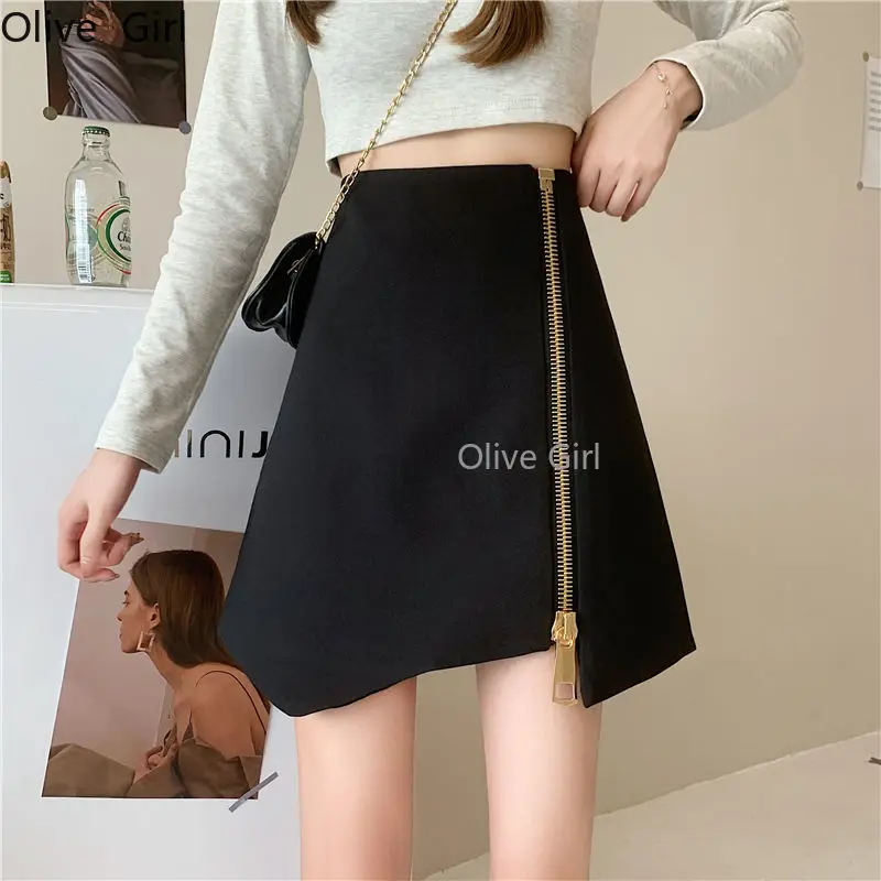 2025 Spring Summer Simple Zipper Skirt Plus Size Irregular A-line  Super Hot Short Skirt INS Hip-covering Skirt