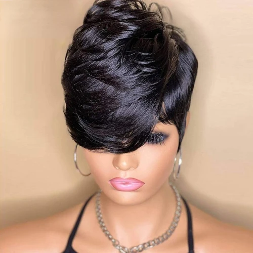 Imagen 2 del producto Peluca de corte Pixie para mujer, pelucas cortas de cabello humano con flequillo, peluca de repuesto de cabello en capas hecha a máquina Real brasileña