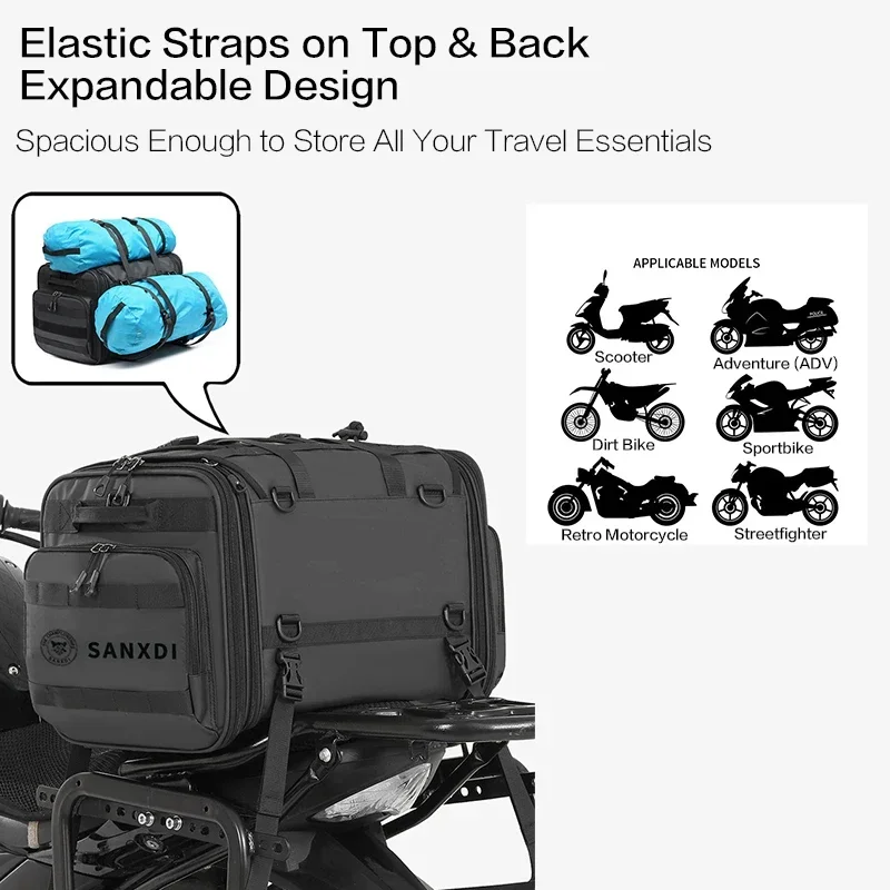 Expandable Foldable Motorcycle Rear Seat Tail Bag Large Capacity Waterproof Shoulder Bag For Moto Touring Rear Rack Bag