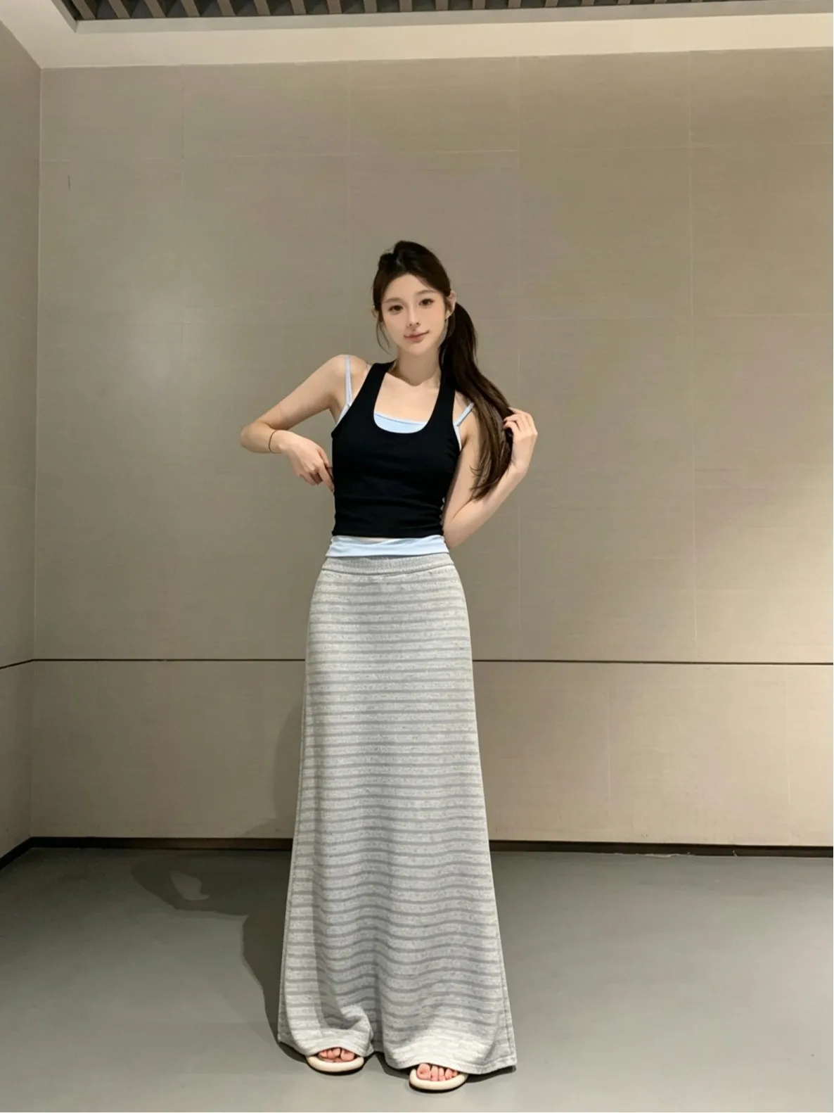 

Summer New Style Korean Version Color Block Stripe Vest Skirt Half Body Two Piece Set Overhead Korean System Slimming Women's...
