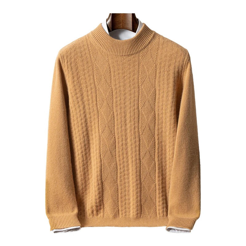 

Autumn Winter New Half Turtleneck 100% Cashmere Sweater Men's Jacquard Knit Base Shirt Loose Thick Pullover Sweater