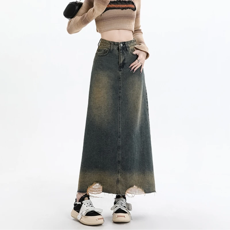 Distressed Denim Midi Skirt for Women with Raw Hem and Vintage A-Line Silhouette, Perfect for Fall