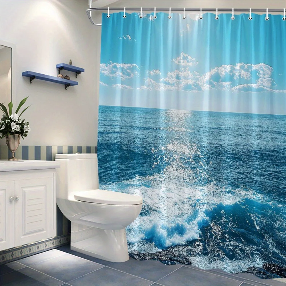

Синий пейзаж морской волны, моющаяся грязеотталкивающая занавеска для душа, насадка для душа, водонепроницаемая полиэстеровая занавеска для ванны для домашнего декора