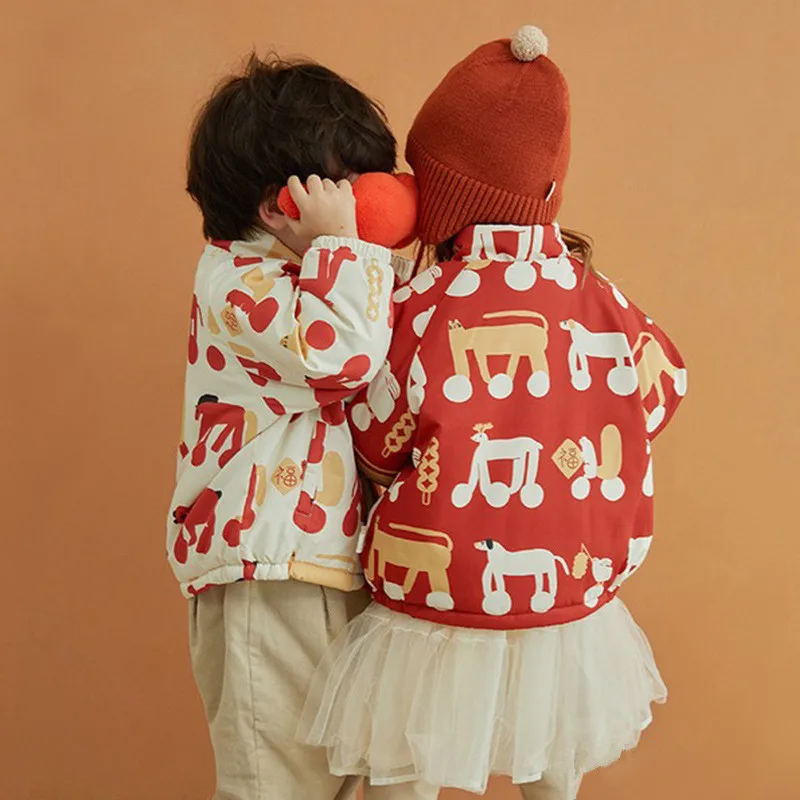 Boys Girls Winter Cotton Padded Jacket New Year\'s Velvet Clothes Baby Fleece Lined Coat Kids Christmas Tops Outerwear 1-7T