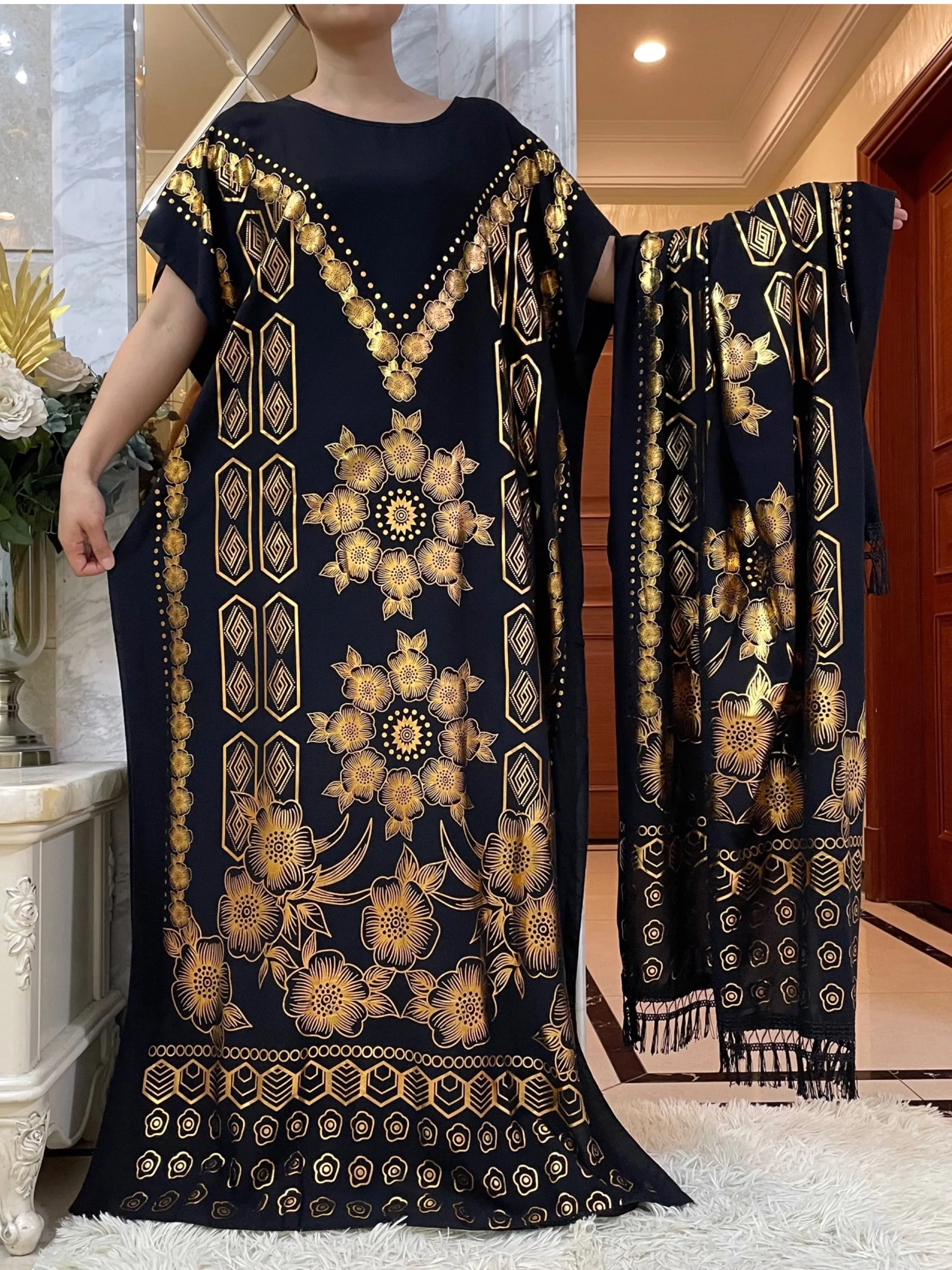 2024 New Summer Loose Short Sleeve Cotton Robe Gold Stamping  Boubou Maxi Islam Femme Dress With Big Scarf African Abaya Clothes