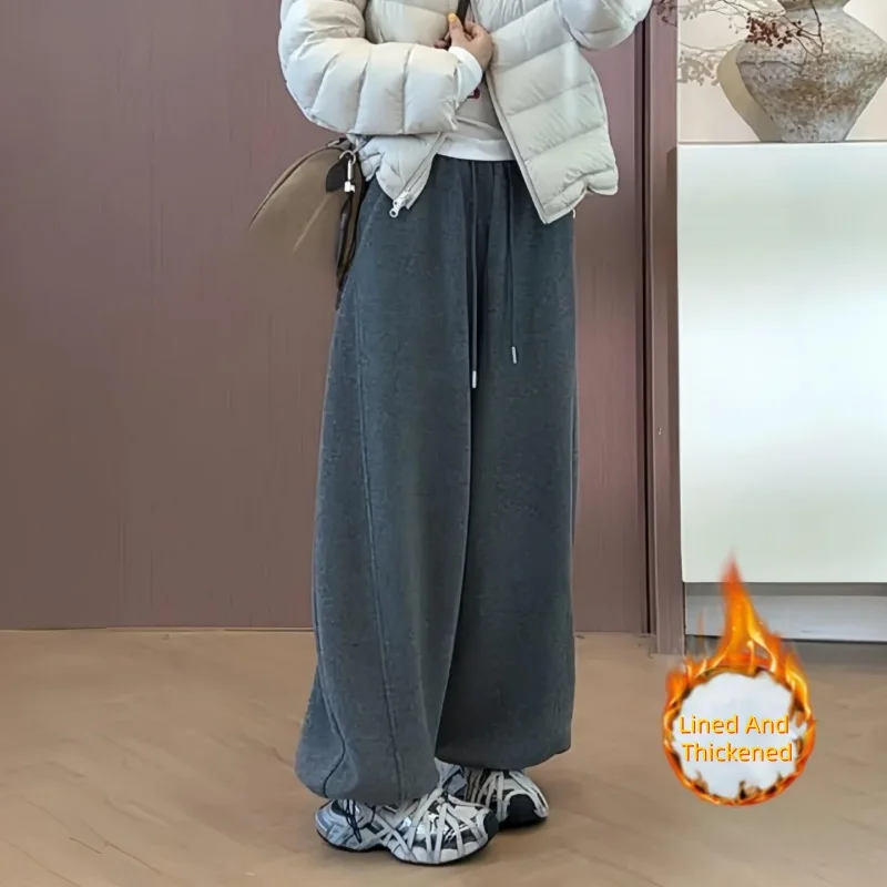

Women's Winter Slimming High-Waisted Straight-Leg Trousers Thick-Fleece Casual Wide-Leg Trousers Versatile Flattering Curved-Hem