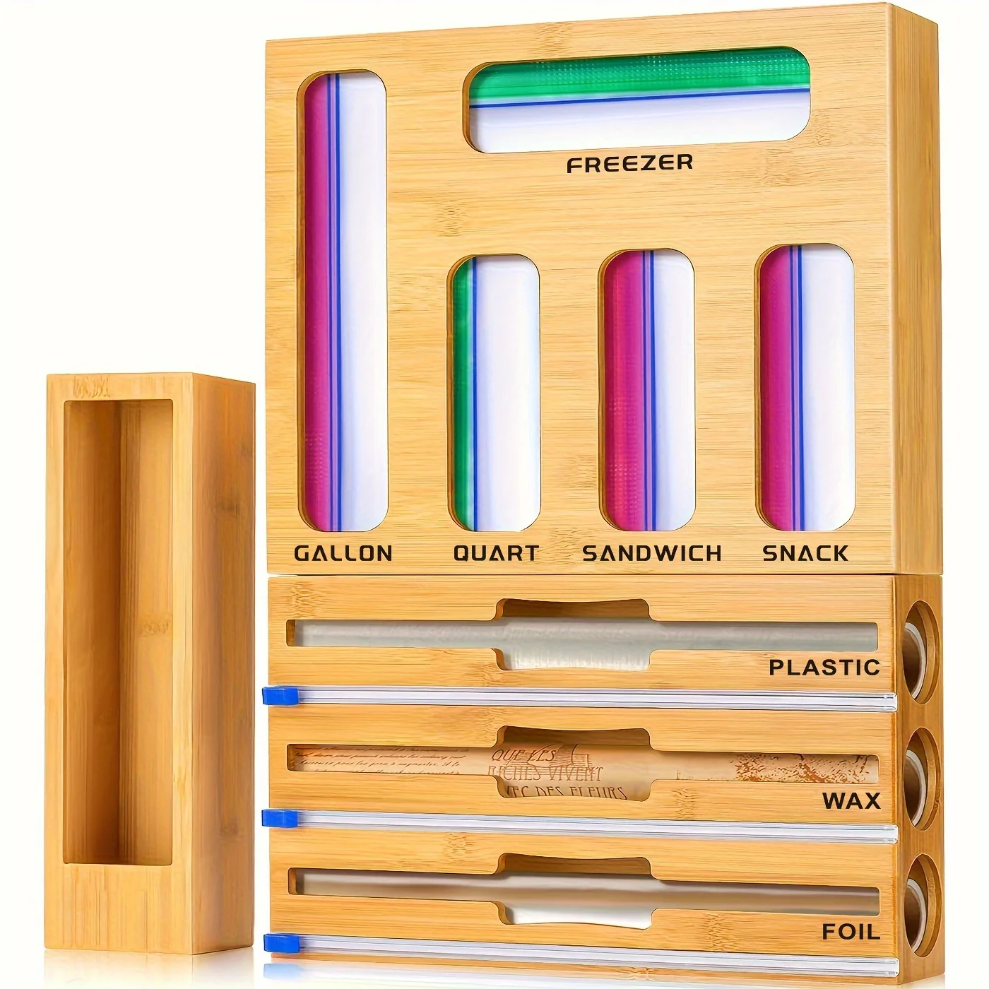 

1 container set, 9 in 1 storage bag organizer for kitchen drawer, bamboo foil and plastic wrap with kitchenware wrap, sandwich s
