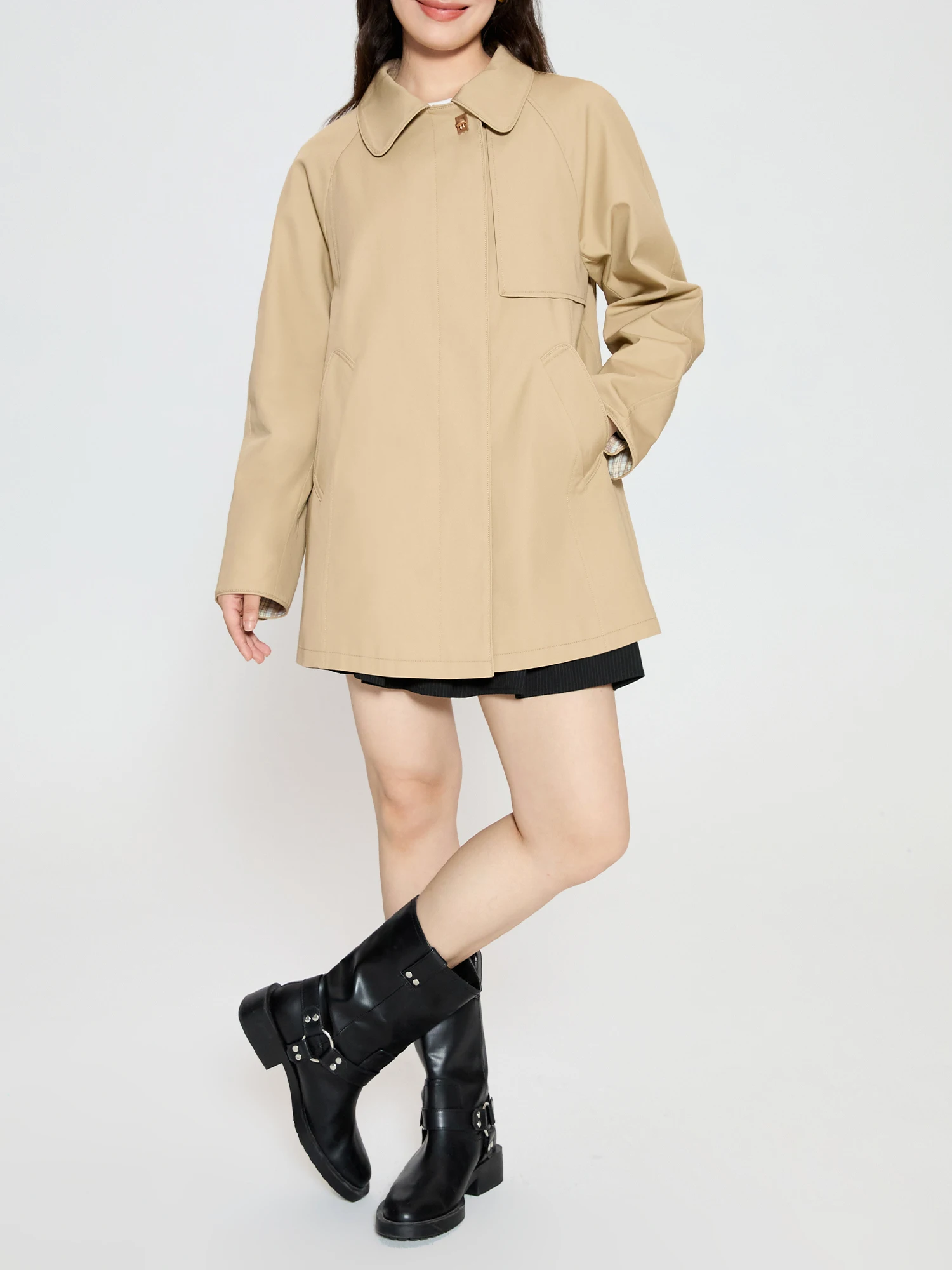 DUSHU 100% Cotton Women Khaki Trench Coats Office Lady One Hand-Length Trenches Turn-down Collar Raglan Sleeve Coat 24DS83281