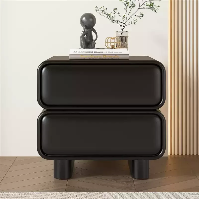 Black installation-free high-end all-solid wood bedside table modern simple creative sugar cube rounded corners light luxury