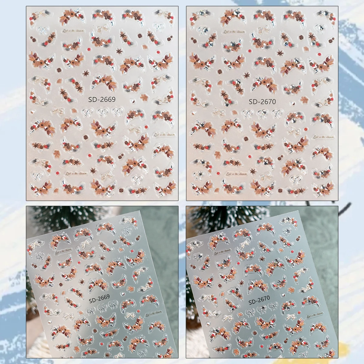 2 to 8 Sheets 5D Pinecone Red Berry Maple Leaf Wreath Bow Rustic Woodland Xmas Self-Adhesive Nail Art Stickers