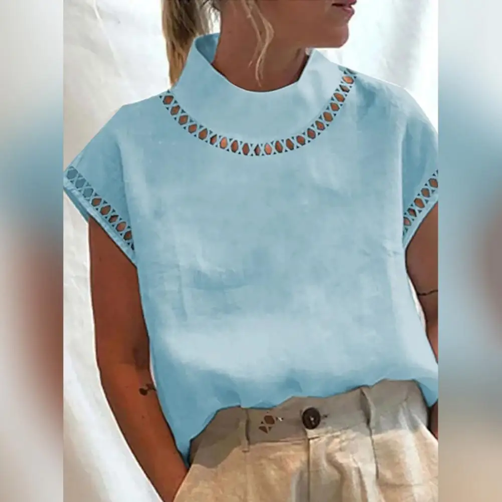 Stylish Women T-shirt Comfy Casual Blouse Stand Collar Dressing Up Simple Casual Pure Color Tee Shirt