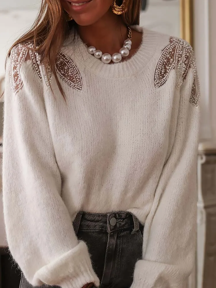 

Women's shoulder hollow lace flower pearl craft design, versatile round neck knitted top, fashionable, elegant, casual