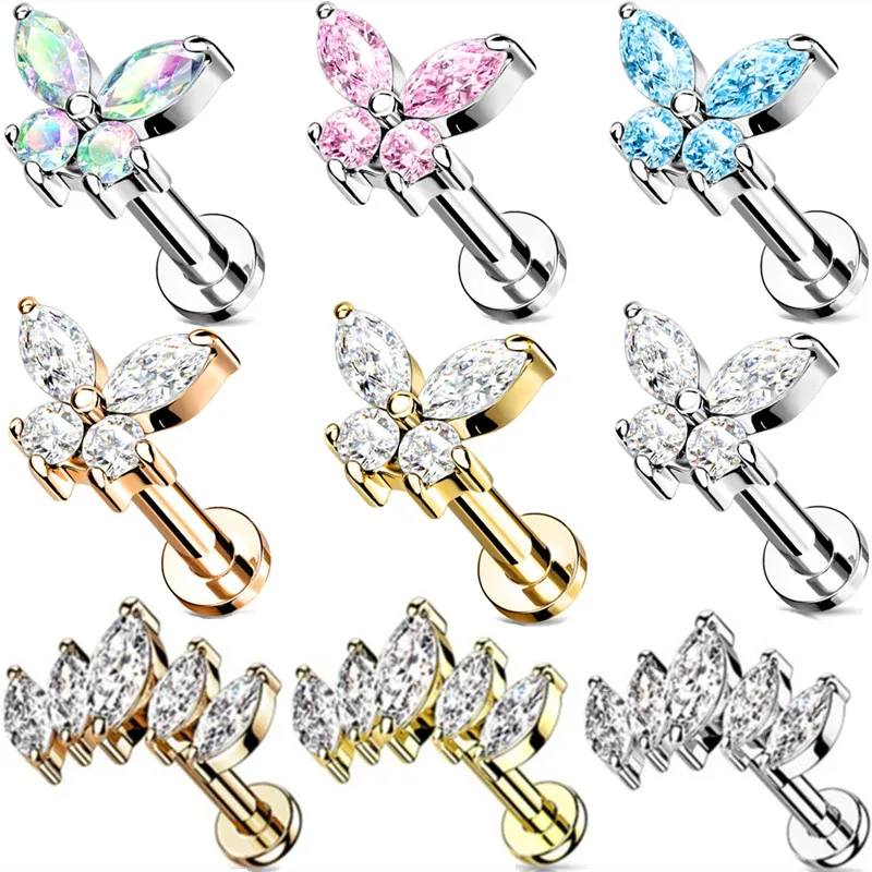 1 sztuk motyl Labret Piercing wargi Stud klaster kryształowy kolczyk Tragus płaskie kolczyki na chrząstkę cyrkon Lip Piercing biżuteria
