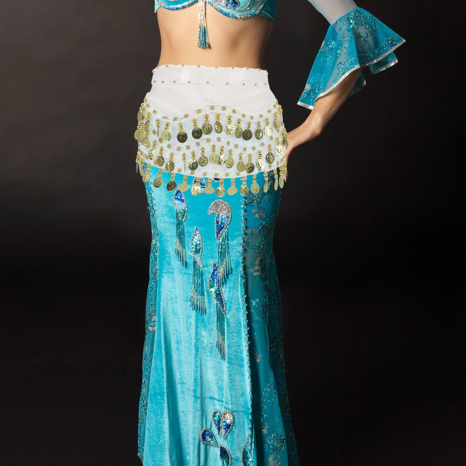 

Blue Tutu Belt Hip Scarf Coin Wrap 128 Coins Chiffon Firmly Sewn Classes Halloween Costume Parties Festivals Dance