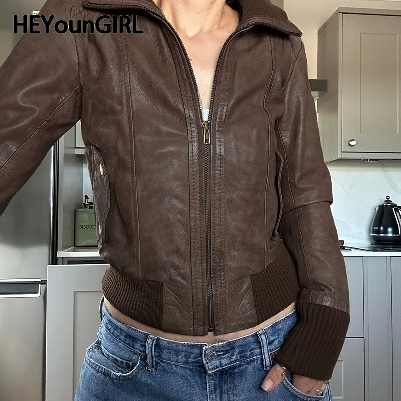 HEYounGIRL Faux Leather Women Brown Jacket Vintage Fashion Autumn Streetwear Zipper Coat Casual Y2K Motorcycle Style Outwear