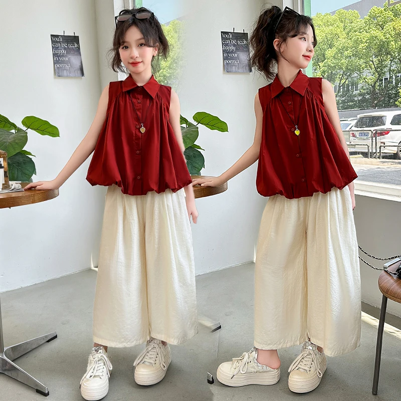 

Girls Casual Clothing Suit Summer Fashion Children Sleeveless Shirts+Pants Two-piece Set Teenagers Kids Tracksuit Sets