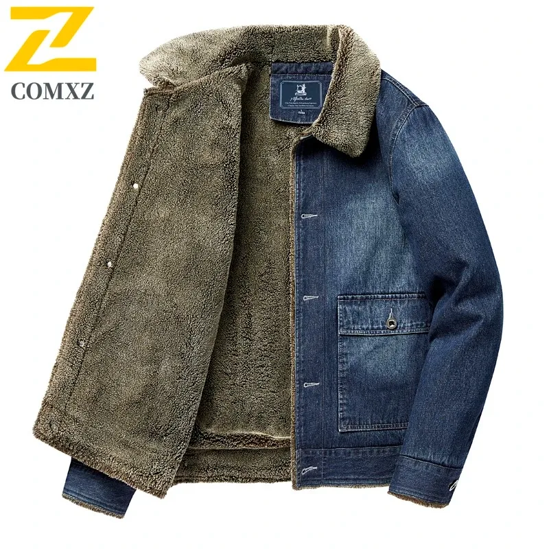 Padded Denim Jacket Mens 2025 Winter New lambswool Thickened Casual Loose Retro Outdoor Travel Lapel Tops Male Fleece Warm Coat