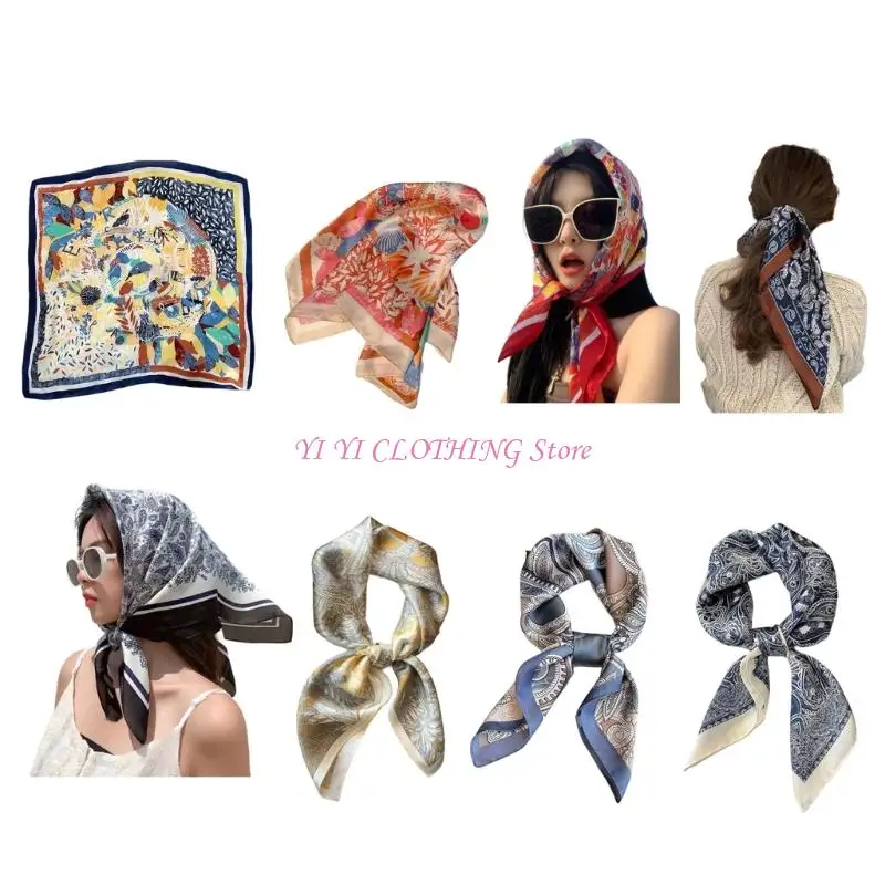 

N5KF 70cm Elegant Head Scarf Square Bandana Shawl Head Wrap for Women with Flower Patterns for Various Occasion Photography