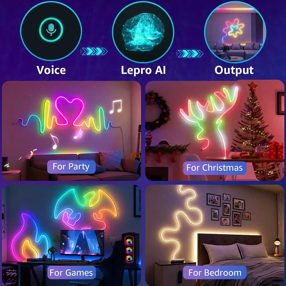 RGBIC Neon Strip Light Bluetooth USB 5V Neon Led Strip Lights 1M-5M IP65 RGBIC Flex Ribbon Led Tape for Room Wall Decor Music