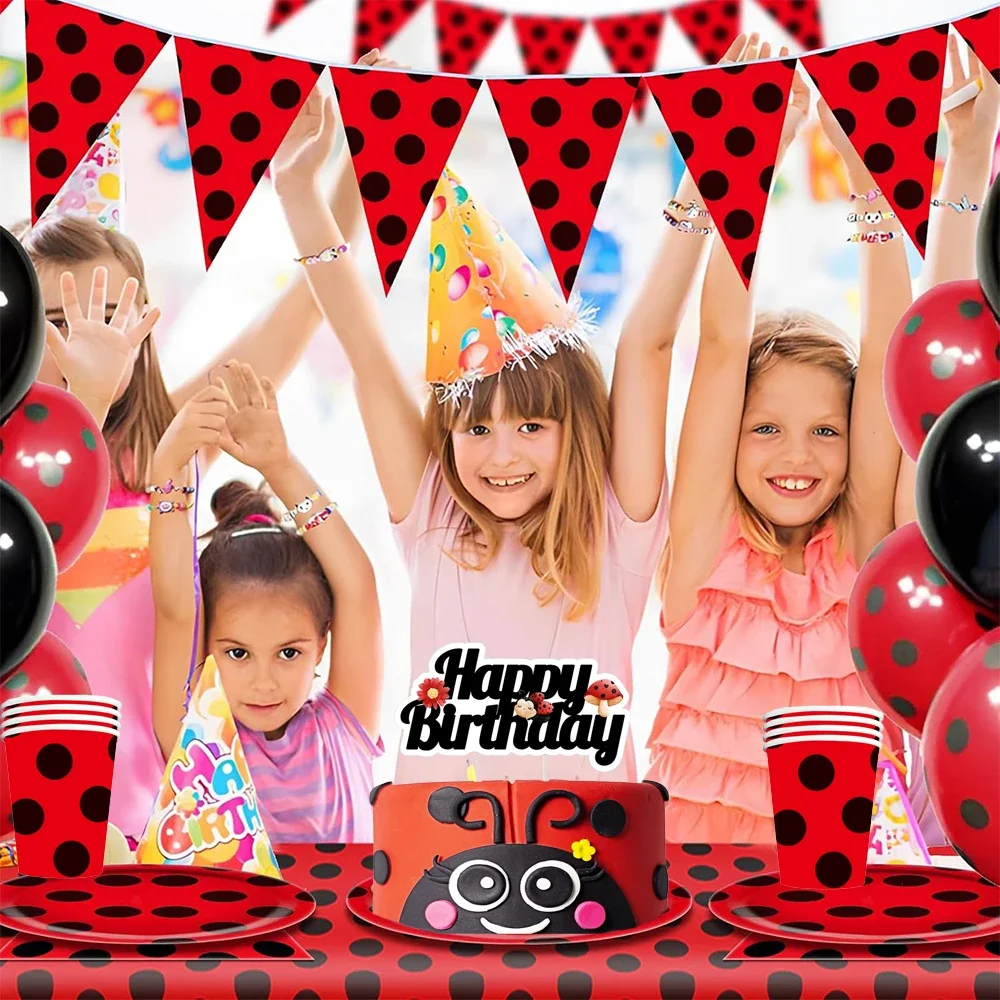 Marienkäfer-Geburtstagsparty-Dekorationen: Tischgeschirr, Teller, Servietten, Becher, Luftballons, Wimpelkette – Marienkäfer-Themenparty für Kinder und Babyparty-Zubehör – Detail 2