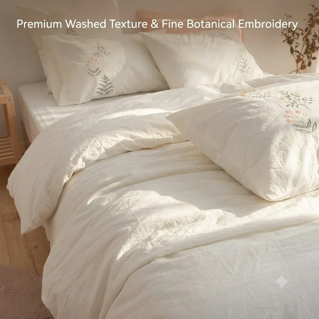 Premium 100% Cotton Embroidered Bedding Set 4 Pieces Water-Washed Cotton Duvet Cover Flat Sheet Elastic Fitted Sheet Set Bed
